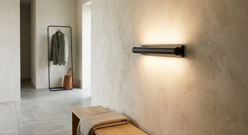 A sleek minimalist wall sconce mounted on a textured plaster wall, casting a soft, geometric wash of warm light up and down in a Scandinavian-style entryway.