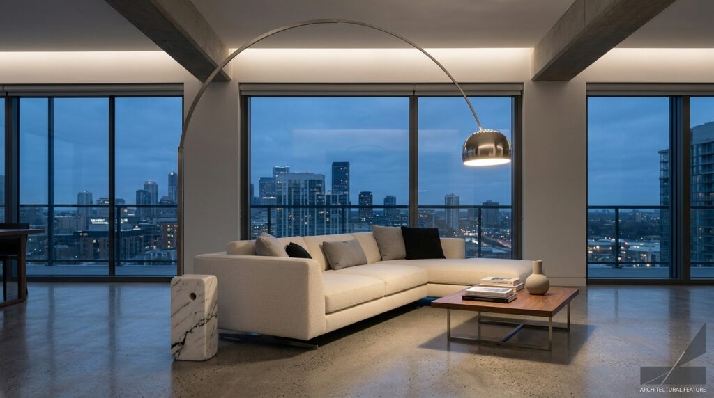 A minimalist living room featuring a grand mid-century Arco-style floor lamp with a sweeping brushed steel arm, anchored by a marble base next to a modern sectional sofa.