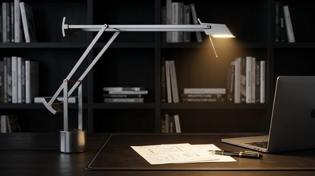 An articulated metal desk lamp positioned on an executive desk, illuminating a leather desk mat, paper notes, and a laptop.