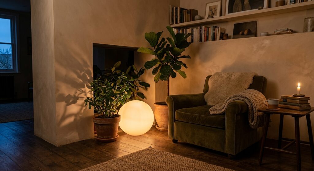 A glowing glass orb floor lamp placed in the corner of a cozy living room, diffusing warm ambient light behind a lounge chair and potted plant.