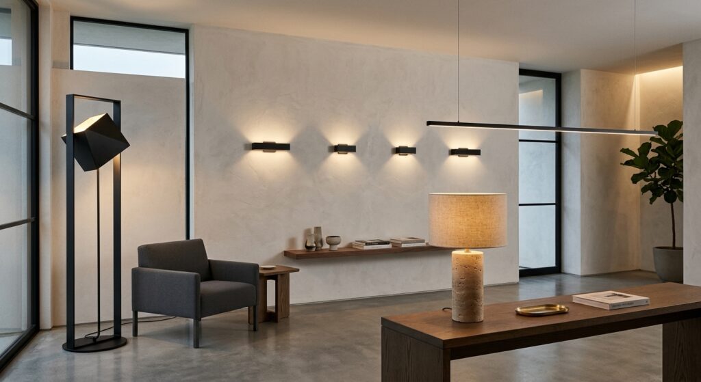 A modern architectural interior showcasing a curated layout of six lighting styles, including a sculptural floor lamp, minimalist wall sconces, a travertine table lamp, and an overhead linear suspension fixture casting a warm, layered glow.