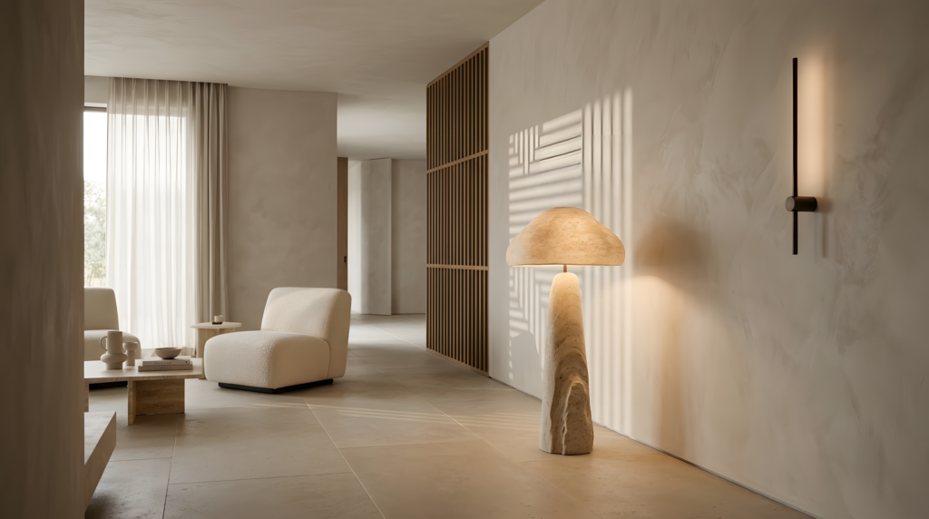 Minimalist architectural living room featuring layered warm lighting, a sculptural travertine floor lamp, and subtle shadow interplay on plaster walls.