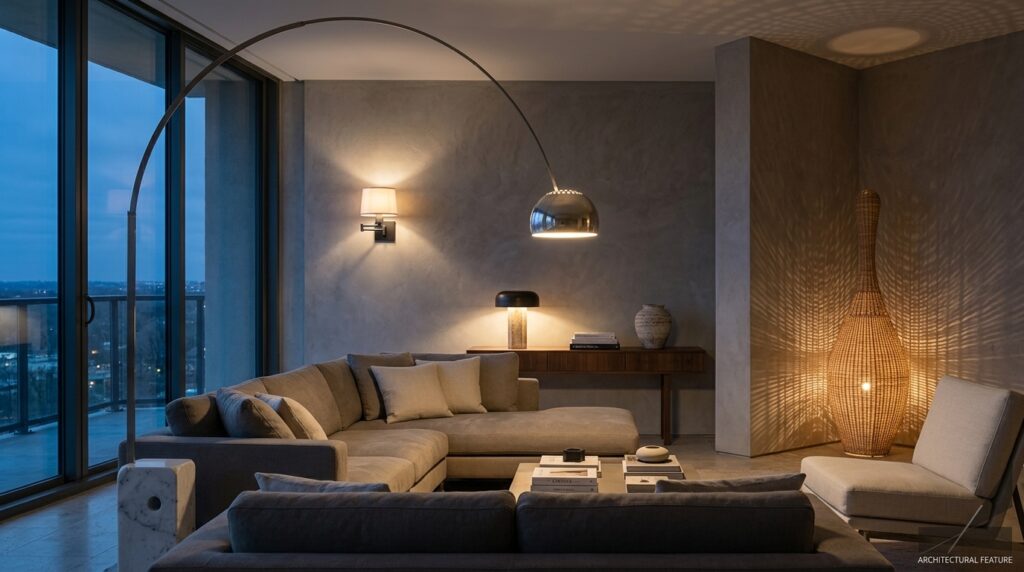 A luxurious living room at twilight demonstrating layered lighting, featuring an iconic arc floor lamp over a sectional, a minimalist wall sconce on plaster, a travertine table lamp on a walnut console, and a tall rattan lantern lamp in the corner.