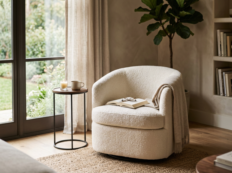 Compact cream bouclé swivel accent chair styled in a cozy reading corner beside a window