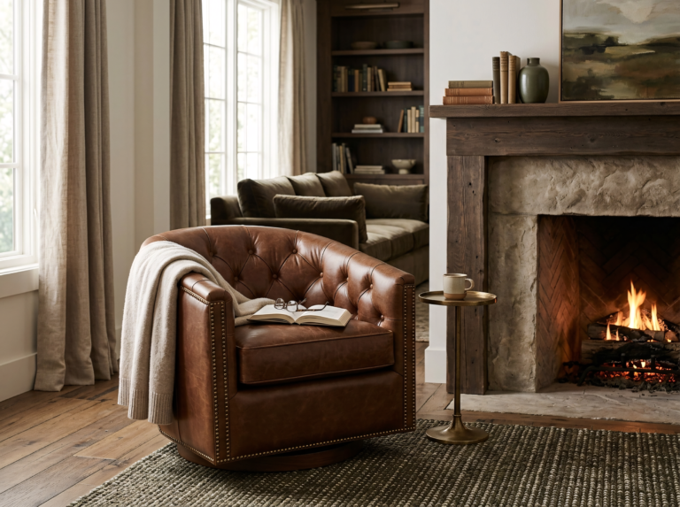 Brown leather swivel club chair with tufted back and nailhead trim positioned near a fireplace