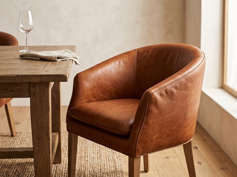 A cognac leather barrel-back dining armchair proves that among the best dining chairs, comfort and style can coexist.