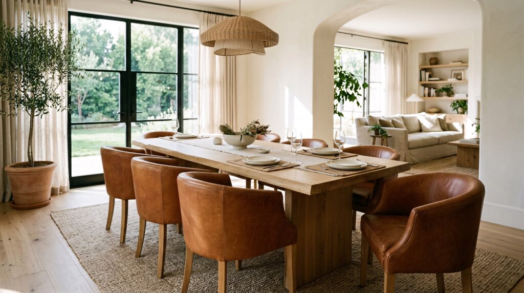 A set of cognac leather dining armchairs surrounds a sunlit wood table, showcasing some of the best dining chairs for comfort and style.
