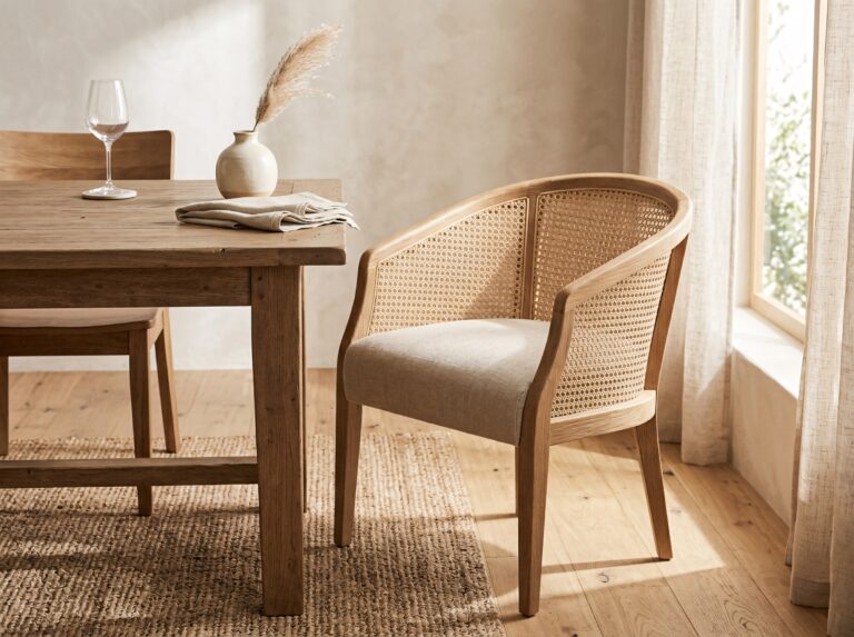 A cane-back wood dining chair with linen upholstery represents a trend-forward pick among the best dining chairs for mixed seating
