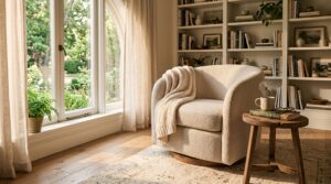 A soft neutral cream bouclé swivel chair anchors a sunlit reading nook, illustrating what makes the best reading chair for a cozy corner.