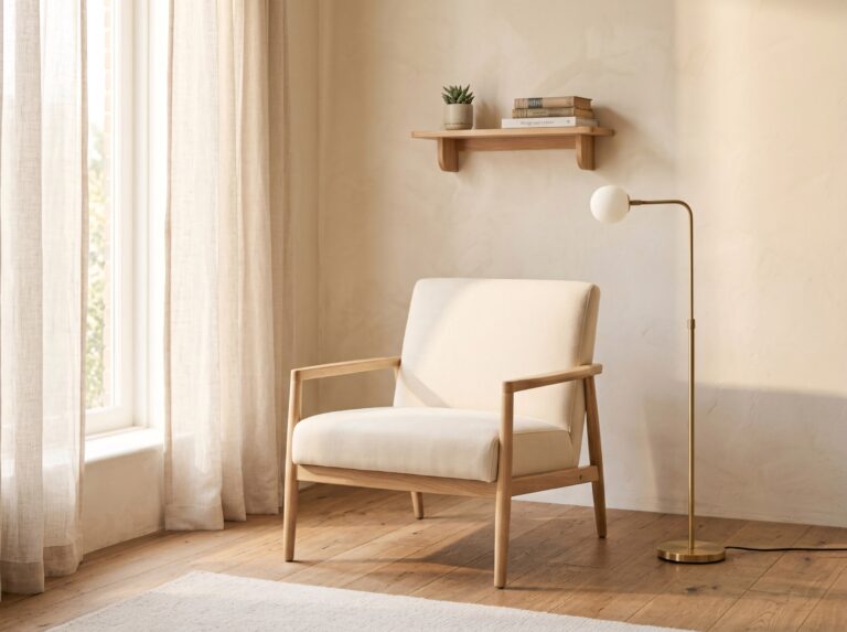 A slim cream lounge chair with an exposed wood frame proves the best reading chair can still fit a small corner beautifully.