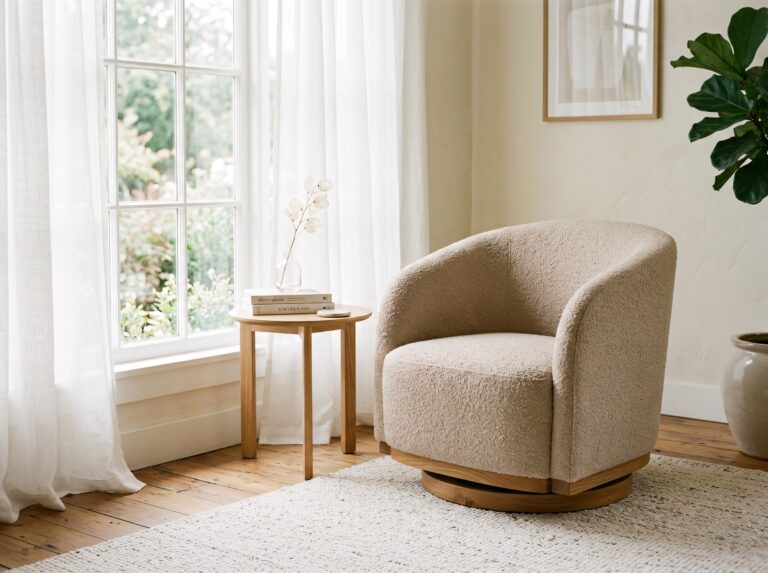A sand bouclé curved swivel barrel chair showcases a trending, style-forward take on the best reading chair for any room.