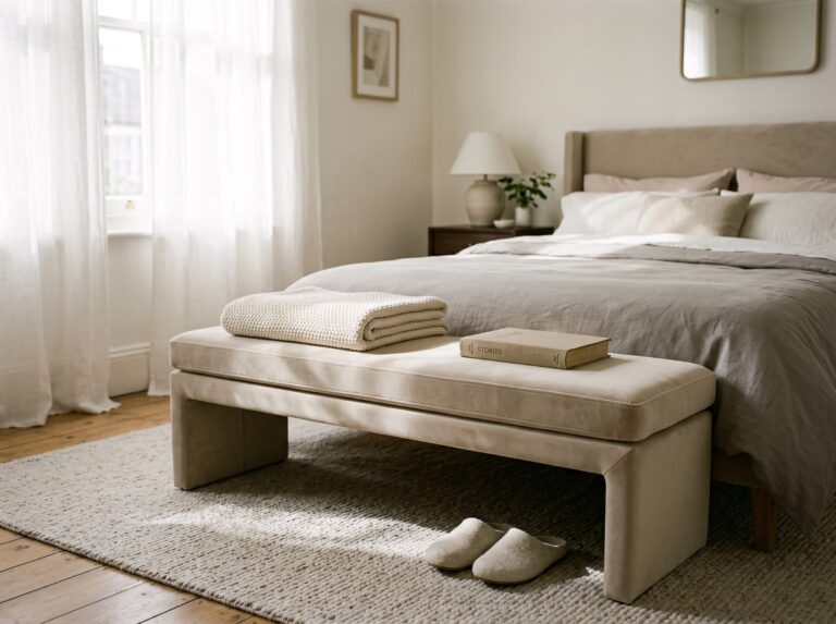An upholstered oat velvet bench at the foot of the bed rounds out this guide's entryway bench ideas with bedroom-specific styling.