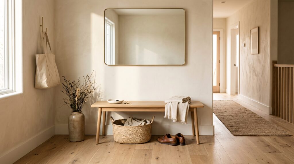 A solid white oak entryway bench with slim legs anchors a sunlit hallway, showcasing functional entryway bench ideas for everyday living.