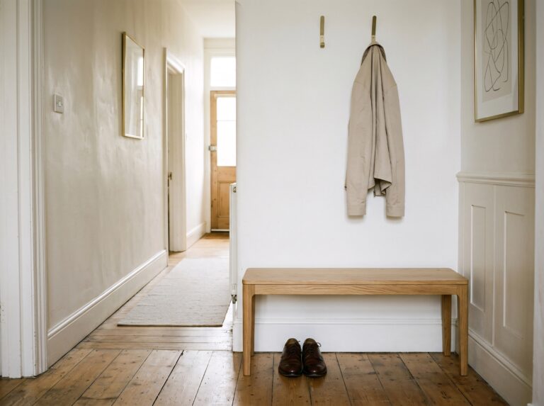 A slim lacquered oak bench with minimal legs fits narrow hallways beautifully, offering space-conscious entryway bench ideas.