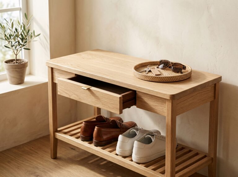 A white oak entryway bench with a hidden drawer and shoe shelf offers one of the most practical entryway bench ideas for solving clutter.