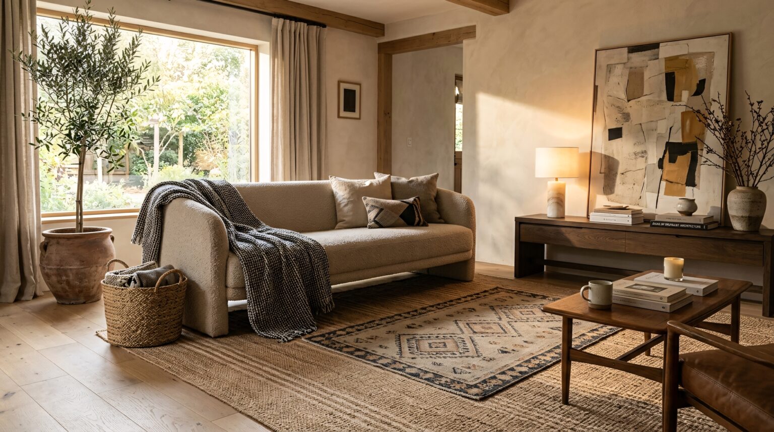 A sun-drenched living room demonstrates layered home decor with a jute rug, woven throw, and alabaster lamp working together in harmony.