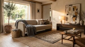 A sun-drenched living room demonstrates layered home decor with a jute rug, woven throw, and alabaster lamp working together in harmony.