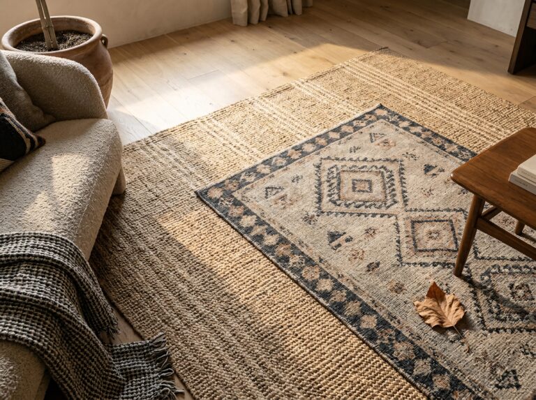 A jute base rug layered with a patterned wool accent rug demonstrates a foundational technique in layered home decor styling.