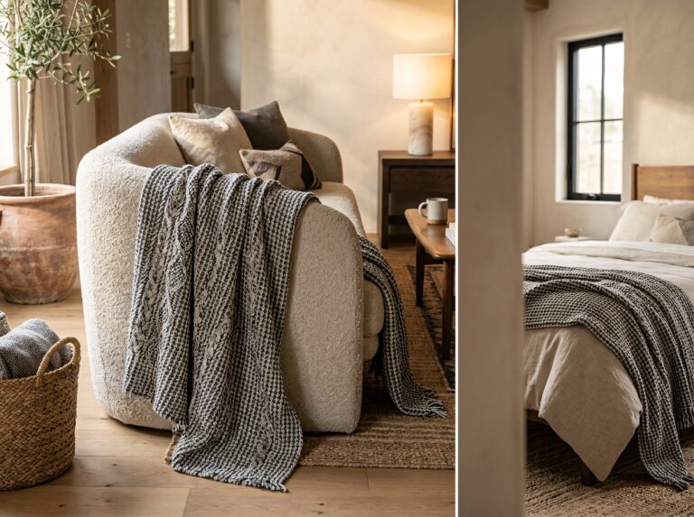 A black-and-white woven wool throw draped casually over a sofa shows how one textile can anchor layered home decor in multiple rooms.