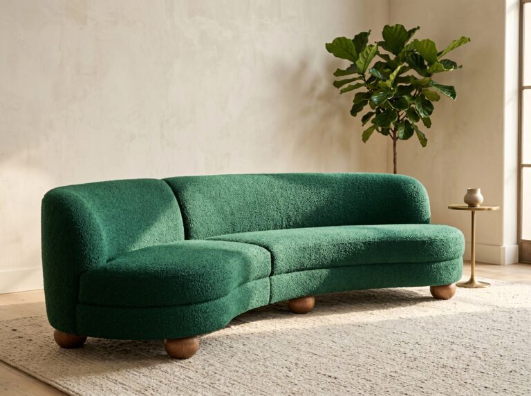 A moss bouclé sculptural lounge chair with a tubular steel base serves as a bold statement piece, a standout living room accent chair idea for anchoring a space.