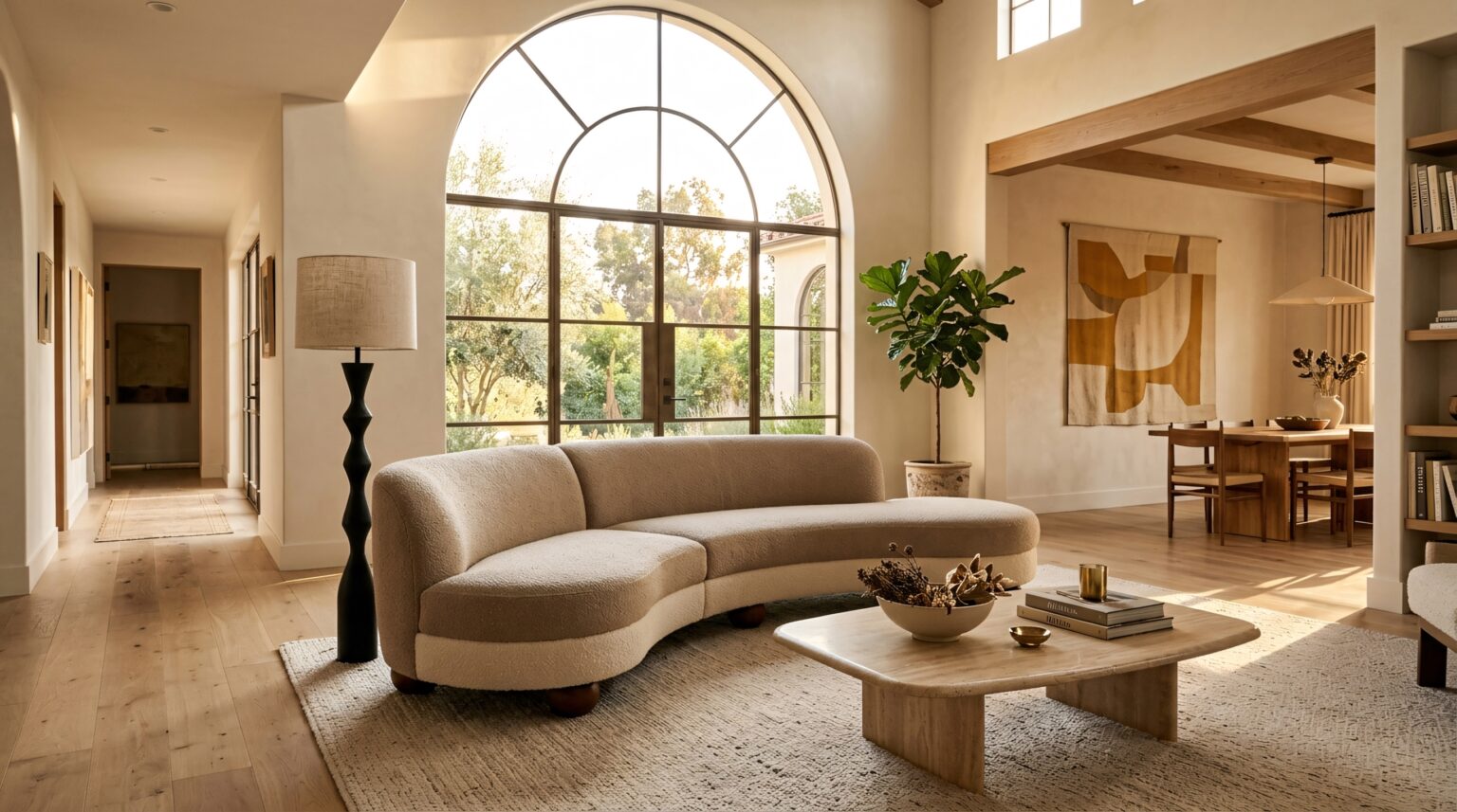A sculptural moss bouclé accent chair anchors a sunlit living room, illustrating living room accent chair ideas for a warm, editorial interior.