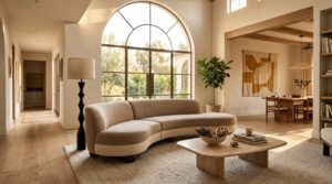 A sculptural moss bouclé accent chair anchors a sunlit living room, illustrating living room accent chair ideas for a warm, editorial interior.