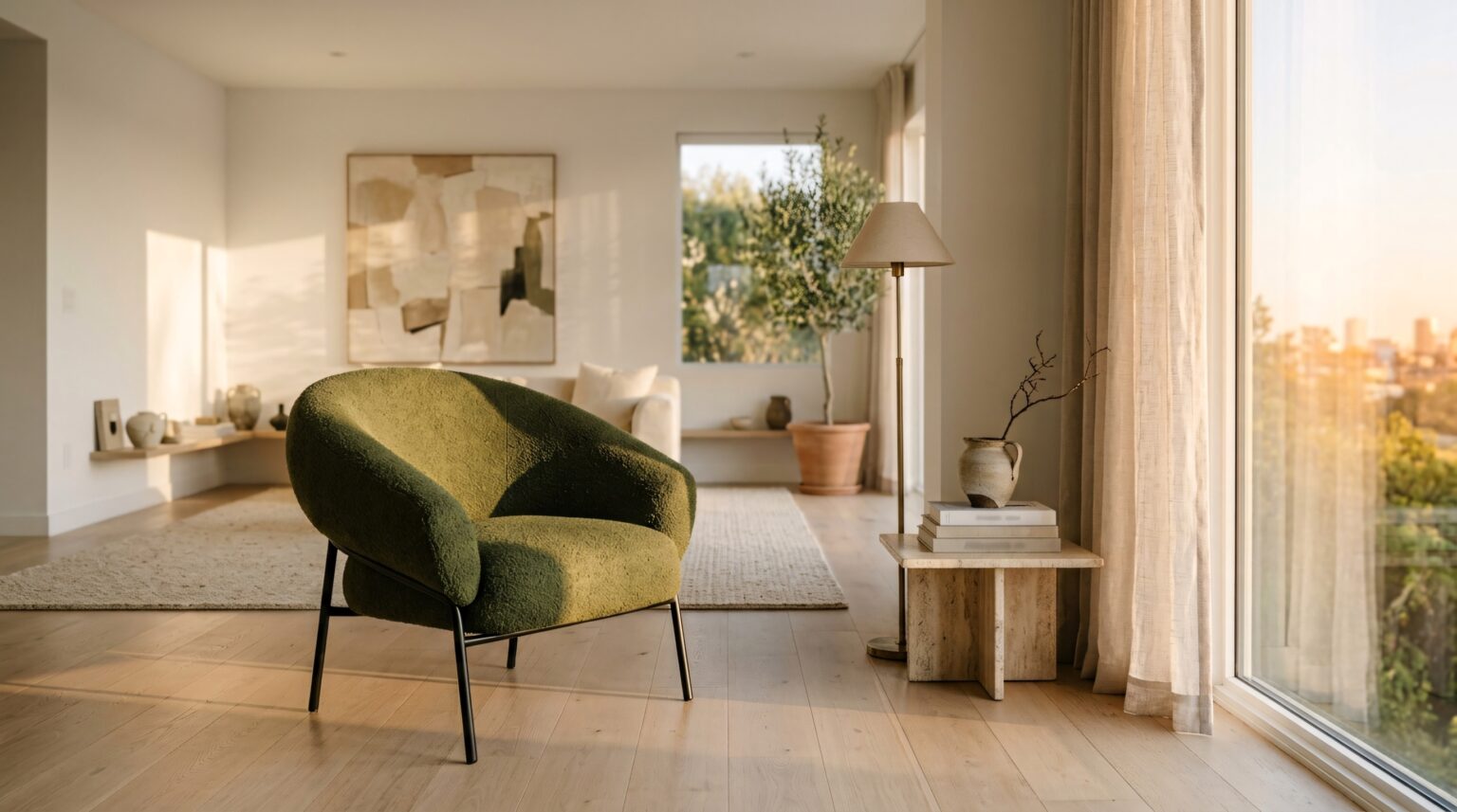 A sculptural moss bouclé accent chair anchors a sunlit living room, illustrating living room accent chair ideas for a warm, editorial interior