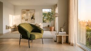 A sculptural moss bouclé accent chair anchors a sunlit living room, illustrating living room accent chair ideas for a warm, editorial interior