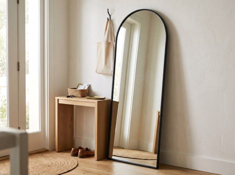 A leaning arched mirror in an entryway offers a flexible, no-installation option among practical mirror decorating ideas for renters.