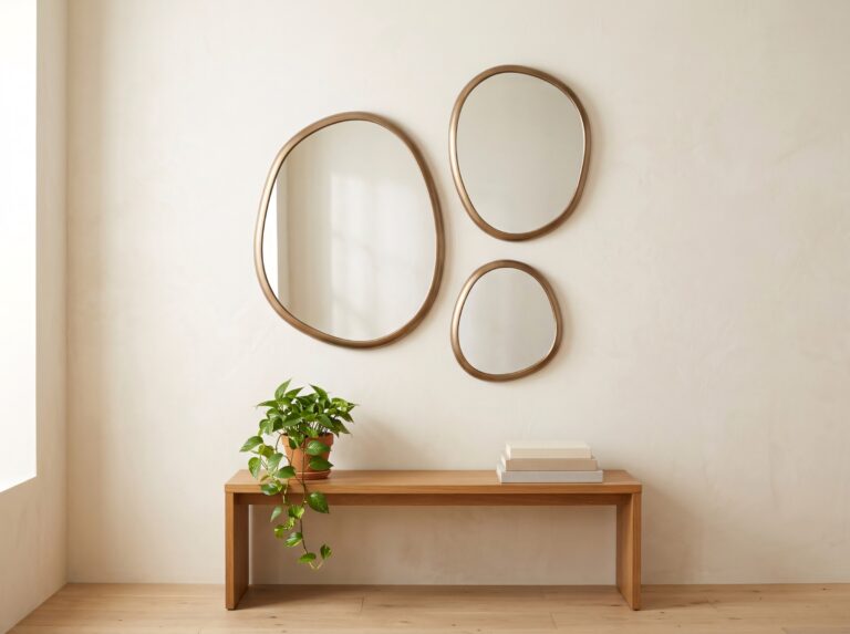 A curated set of three bronze pebble-shaped mirrors grouped on a wall demonstrates gallery wall mirror decorating ideas.