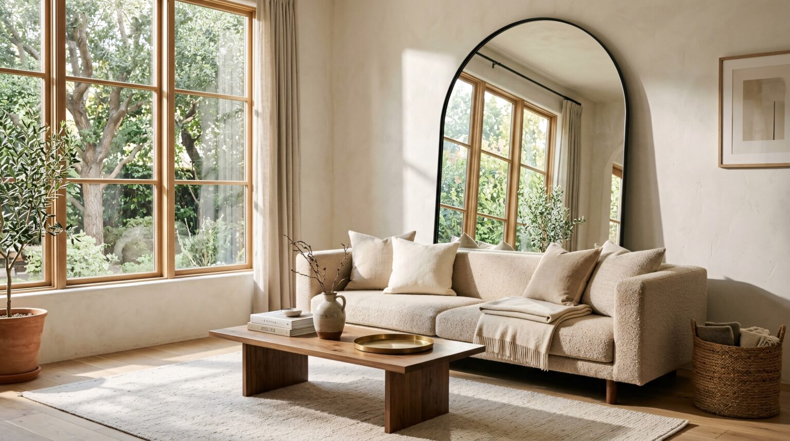 A large arched iron-framed mirror leans opposite a sunlit window, demonstrating mirror decorating ideas that open up a living room.