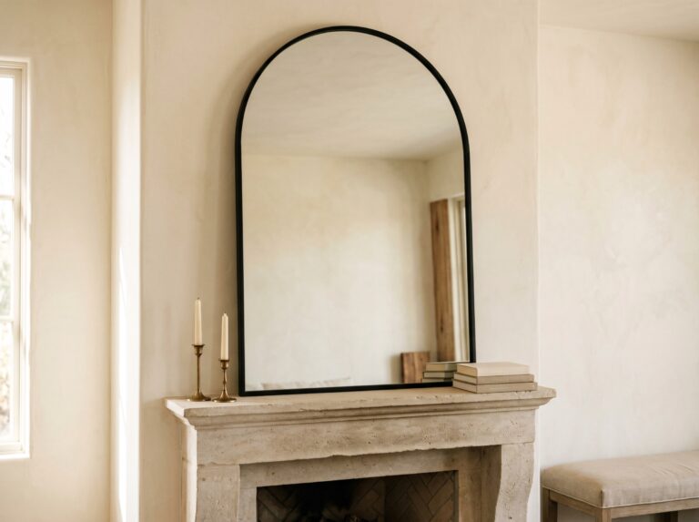 A large arched mirror above a mantel serves as a focal point, illustrating mirror decorating ideas for anchoring a living room