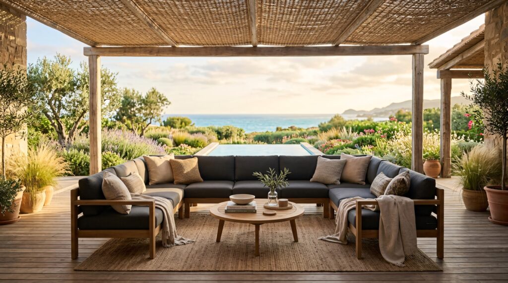 A charcoal teak-framed outdoor sectional anchors a sun-drenched covered patio, embodying luxury outdoor sectional ideas that feel like an indoor living room.
