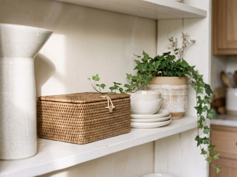 A woven rattan lidded box conceals clutter while adding texture, solving small-space needs among practical shelf styling ideas.