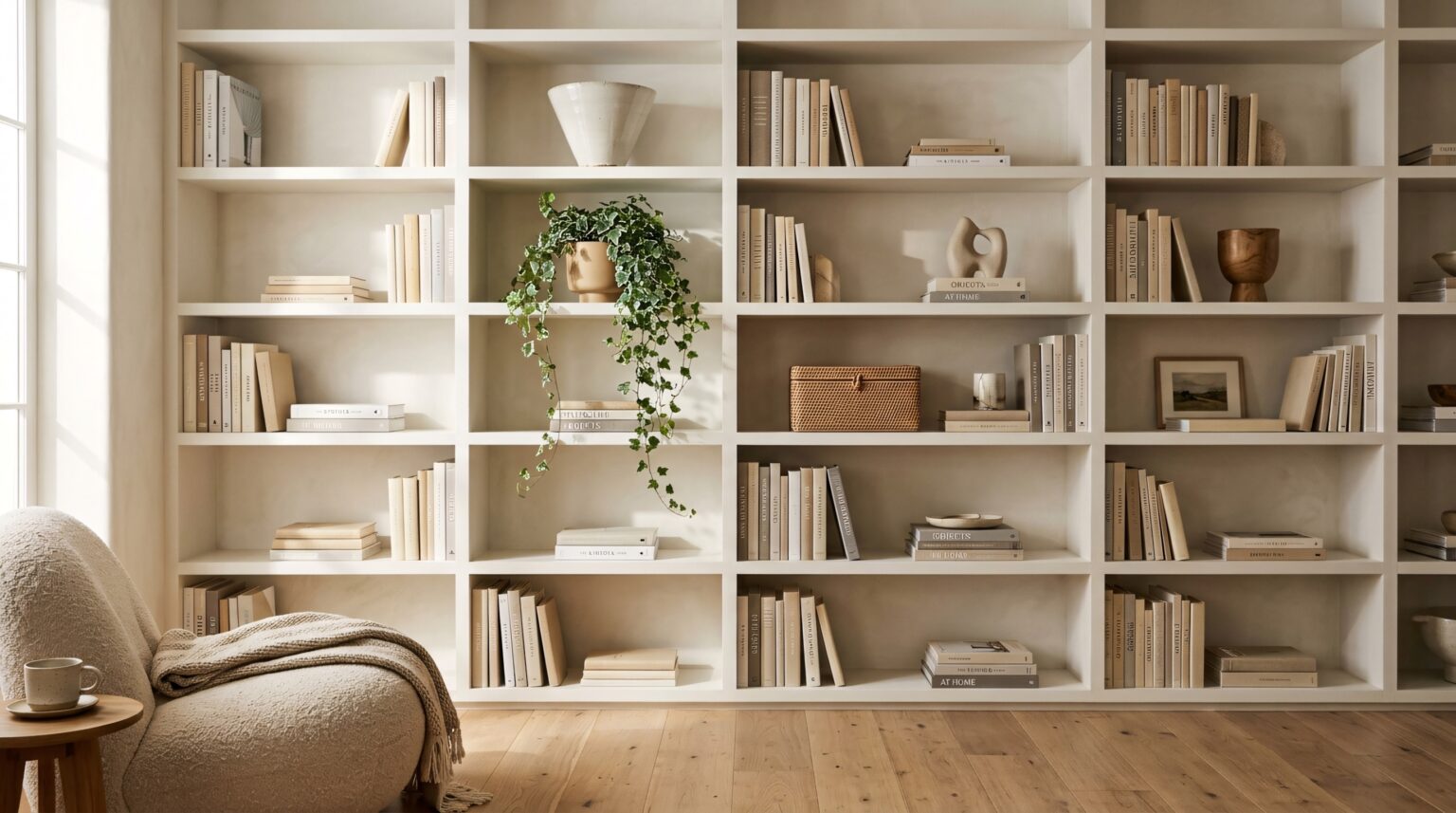 A sun-drenched built-in bookshelf demonstrates designer-level shelf styling ideas with curated vessels, books, and trailing greenery.