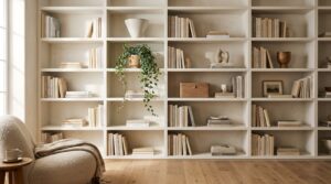 A sun-drenched built-in bookshelf demonstrates designer-level shelf styling ideas with curated vessels, books, and trailing greenery.