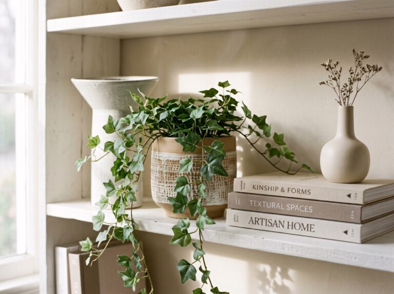Trailing faux ivy cascading from a ceramic pot brings soft movement to the shelf, a low-maintenance favorite among shelf styling ideas.
